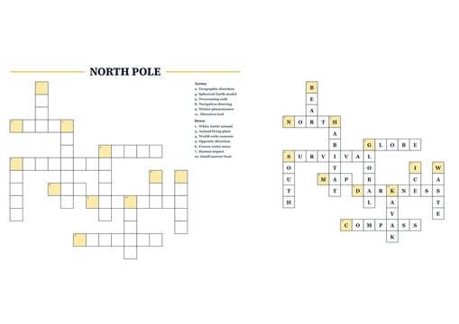 North Pole Crossword Puzzle with Clues and Answers, Printable Arctic and Winter Educational Worksheet, Polar Animals and Exploration Vocabulary Game, Learning Activity for Kids and Adults