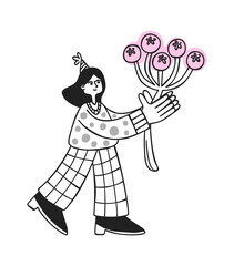Naklejka premium Woman Carrying Bouquet Holiday Cartoon