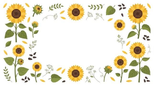 Commercial sunflower clipart collection featuring large golden sunflower heads, smaller blossoms, unopened buds, green leafy stems, individual leaves
