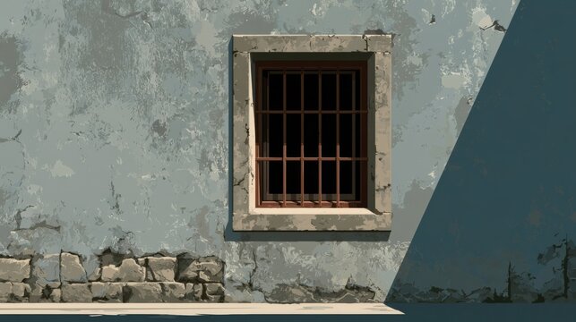 Illustration symbolizing housing gap: Small barred window on a city