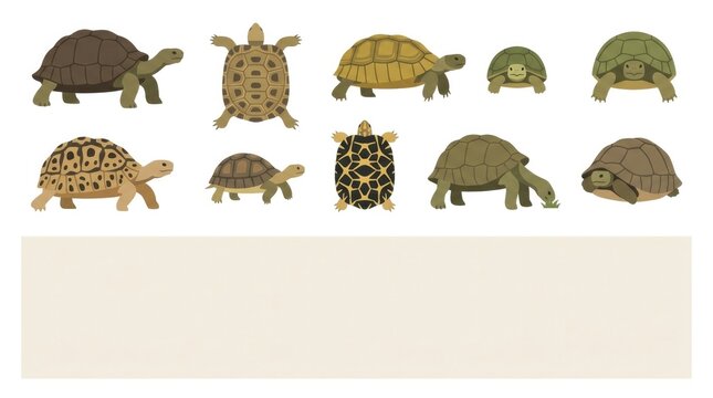 Set of isolated tortoises with different shell shapes, walking poses, side profiles and top views, clean commercial clipart layout with generous empty