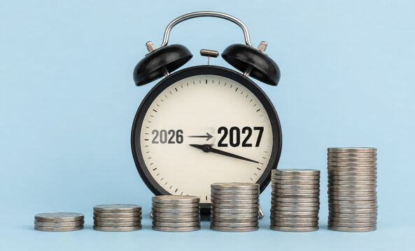 Alarm clock with stacked coins and 2026 to 2027 transition new year for symbolize financial planning, savings, investment growth, budgeting, retirement goals and wealth management.