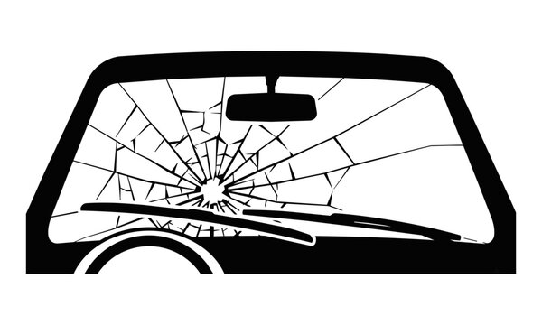 Silhouette of a spiderweb cracked car windshield with rearview mirror and wipers seen from the interior on white background. Vehicle maintenance concept