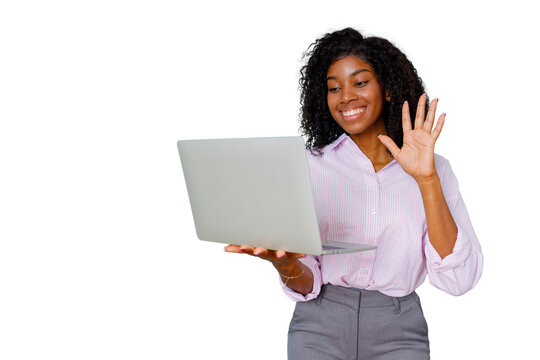 Young black woman waving hand during video call using laptop, communicating online for remote work with transparent background