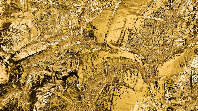 Crumpled Metallic Gold Foil Texture Background for Luxury brand packaging and festive holiday design.