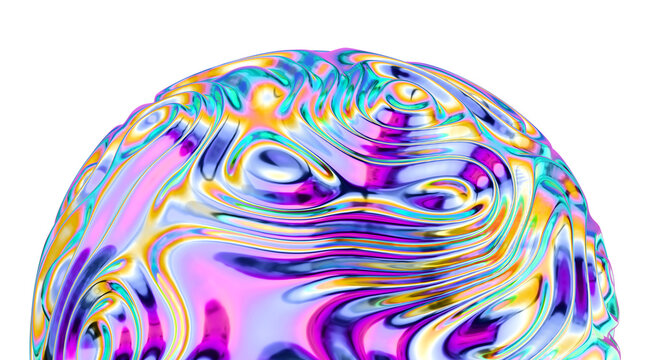 Futuristic technology concepts and psychedelic digital art background. Isolated macro view of a distorted iridescent liquid metal sphere. 3D rendering.