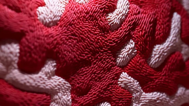 Red and white ridged strands shift across a folded abstract surface, forming dense organic curves and layered channels in a close-up view with soft directional light