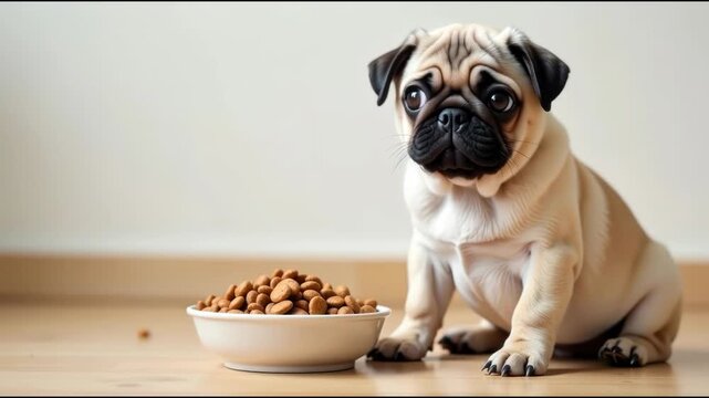 A pug dog sitting next to a bowl of food, a common scene of daily life
