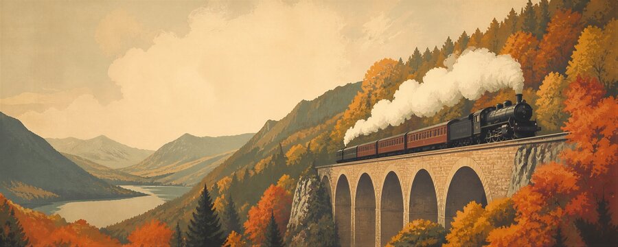 Retro travel poster with vintage steam train crossing stone viaduct bridge in autumn mountains. Scenic landscape with orange foliage and lake. Nostalgic railway journey concept.