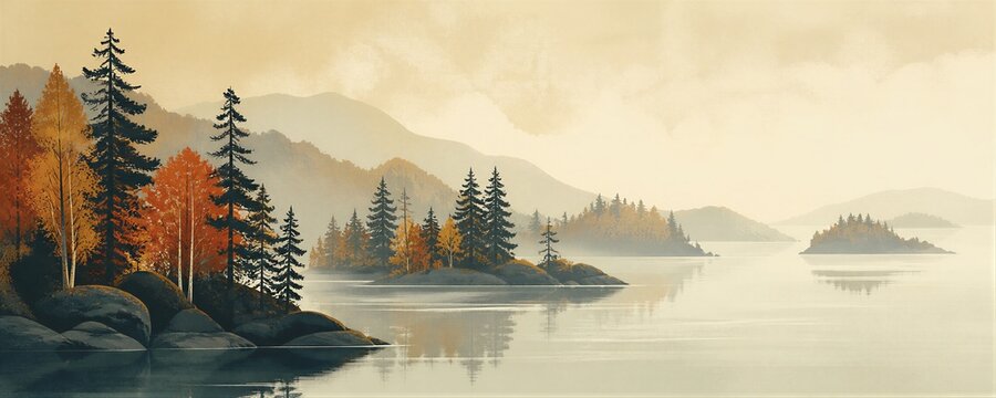 Retro autumn landscape with misty lake and pine trees. Vintage travel poster of mountain forest and island in fall season. Nostalgic nature background for print and wallpaper.