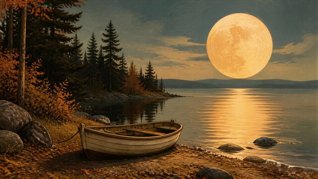 Wooden rowboat on autumn lake shore under full moon. Retro travel poster of fall landscape with pine forest and golden moonlight. Seasonal nature background for print.