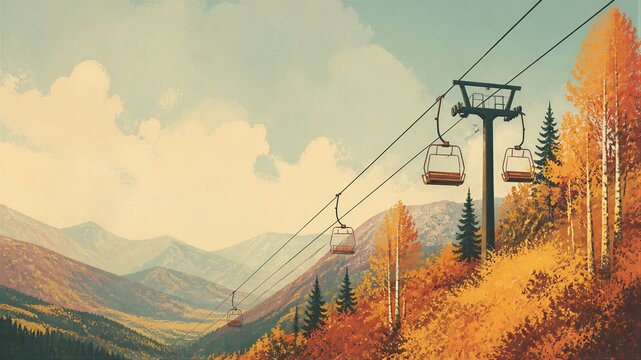 Retro travel poster of ski lift in autumn mountains. Vintage illustration with chairlift over golden forest and mountain landscape. Fall season vacation and adventure concept.