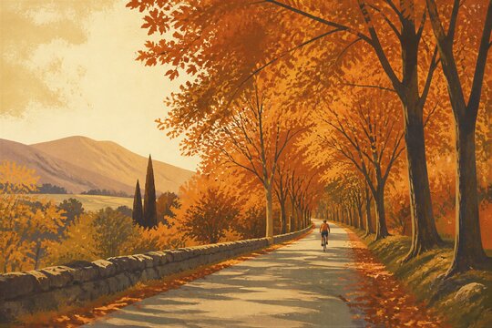 Cyclist riding bicycle on autumn country road with golden trees and mountain view. Retro travel poster of fall landscape. Seasonal journey and outdoor adventure concept.