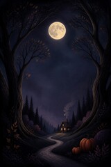 Fototapeta premium Cozy house with glowing windows on winding path in dark forest under full moon. Pumpkins on spooky autumn night. Halloween mystery and fairy tale concept.