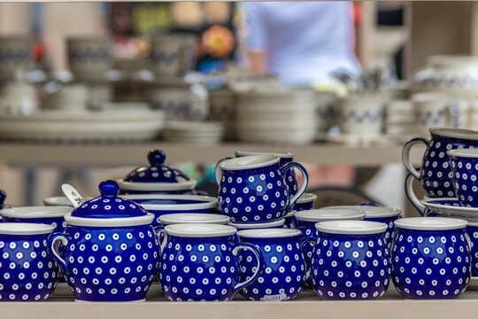 Blue and white polka dot Polish pottery mugs