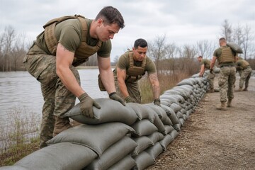 Fototapeta premium Soldiers stacking sandbags to build flood barrier along river. Men in military uniform during emergency flood defense operation. Teamwork and disaster protection concept.