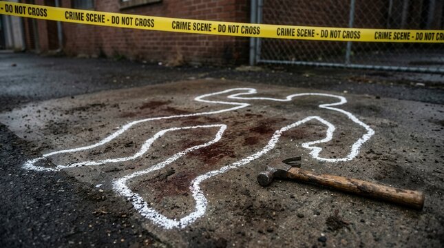 Crime Scene Chalk Outline And Hammer At Dusk
