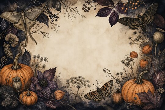 Vintage autumn frame with pumpkin, moth and dried flowers on old paper. Halloween and Thanksgiving background with copy space.