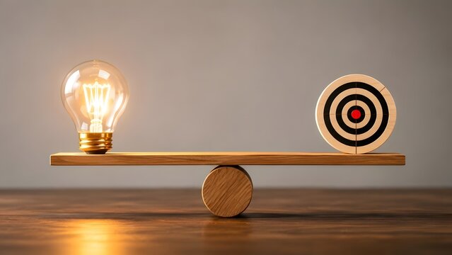 Glowing lightbulb and wooden target perfectly balanced on a wooden seesaw representing the equilibrium between creative ideas and strategic business goals