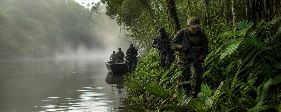 Soldiers in tactical gear moving through jungle along misty river during military operation. Special forces team with rifle and boat in rainforest. Army patrol and combat mission.