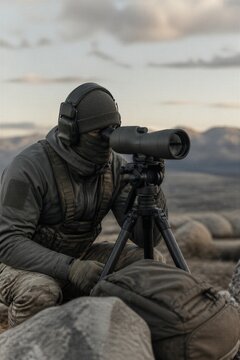 Soldier in tactical gear and mask looking through spotting scope on tripod in desert mountains. Military surveillance, reconnaissance and border security concept.