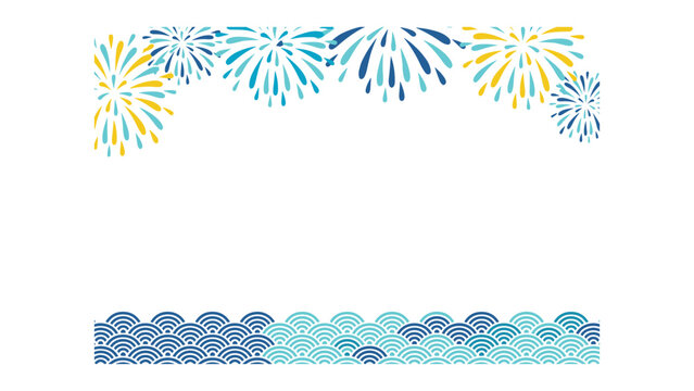 Fireworks display with blue and yellow bursts, and a traditional japanese wave pattern border at the bottom, isolated on a white background