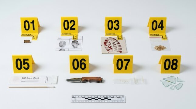 Crime Scene Evidence Markers With Forensic Items Laid Out