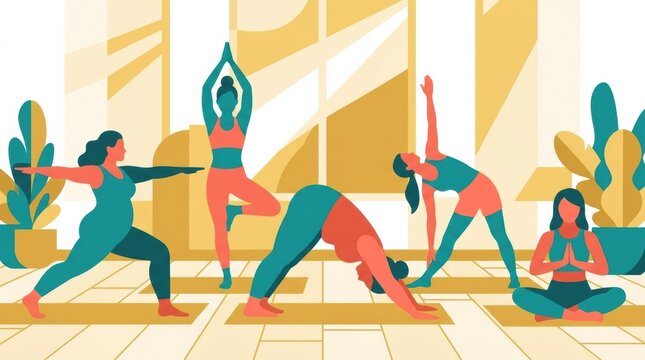 Women of different body types engage in various yoga poses in a studio filled with sunlight and greenery.