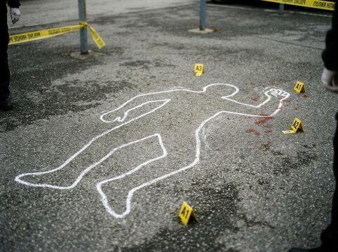 Chalk Outline Of Victim On Pavement At Crime Scene With Markers