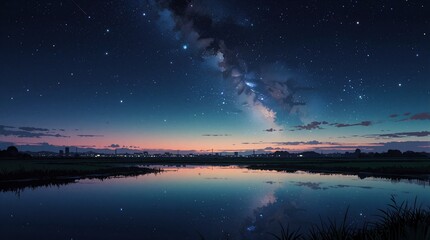 Fototapeta premium Starry night sky over calm rural landscape with water reflection. City lights glow on horizon line. Peaceful evening scene with vast cosmos and tranquil nature.