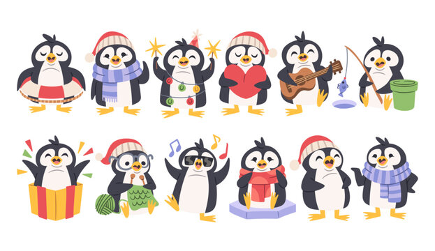 Penguin Winter Activities Character Set Cartoon
