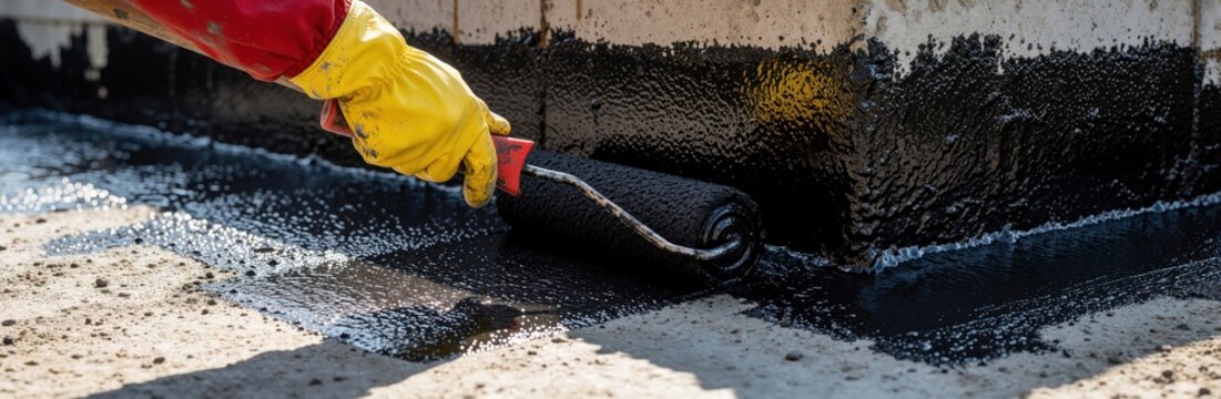 Worker with yellow gloves applies black bitumen mastic with roller on concrete foundation for waterproofing. Construction site activity ensures protection against moisture.