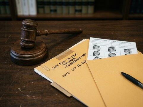 Courtroom Gavel And Evidence Files On A Desk