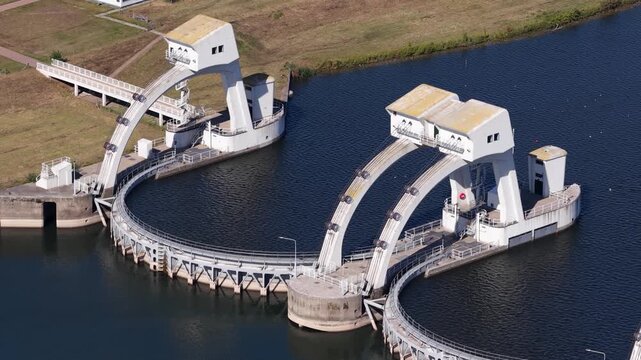 Aerial view of a large weir regulating water flow