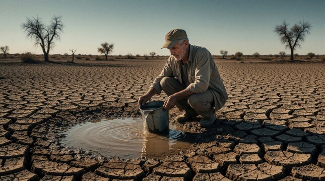 Elderly man collects scarce water from muddy puddle on cracked dry earth. Desolate arid landscape with sparse trees under clear sky. Rural life hardship and drought struggle.