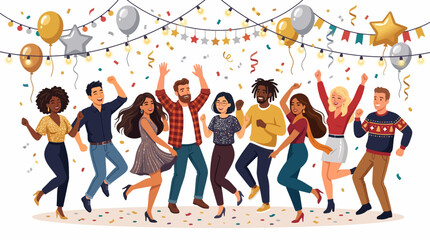 Obraz premium Celebration and Merriment: A diverse group of friends rejoices together amidst a shower of confetti and festive balloons.