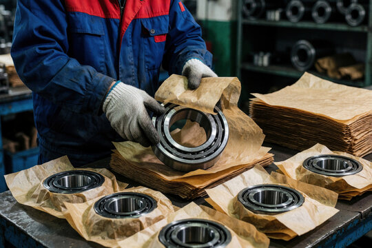 Factory worker packs metal bearings with oiled paper for shipping. Preparing parts for assembly in heavy industry production line. Close up on finished goods.