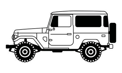 Fototapeta premium High-contrast black and white boxy vintage off-road SUV in side profile, minimalist vehicle design concept