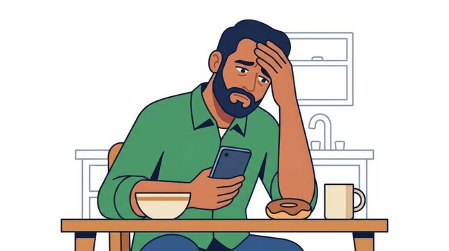 counting calories on a phone, look of fatigue and temptation, kitchen table background, Latin American adult character single scene with character(s),