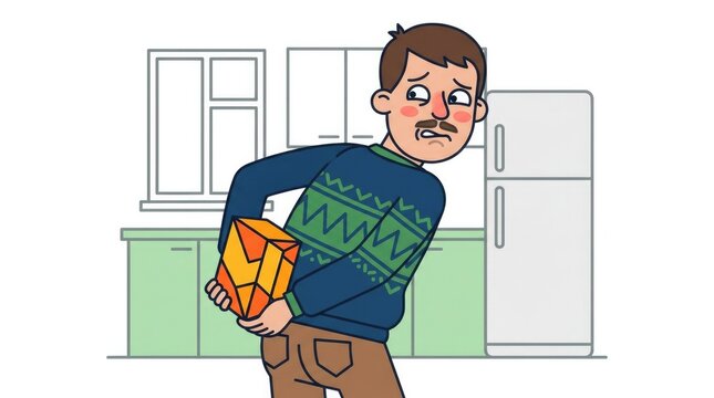 hiding a box of cookies behind the back, guilty expression, kitchen setting, Slavic adult character single scene with character(s), natural pose and e