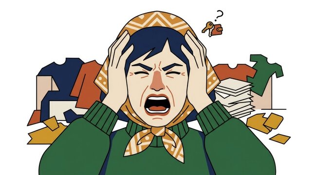 yelling in frustration at a messy room, hands on head, lost item stress, Slavic adult character single scene with character(s), natural pose and expre