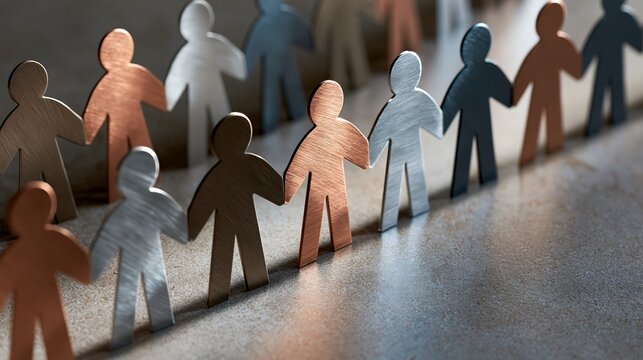 Diverse metallic cutout human figures holding hands in a row representing teamwork unity and social inclusion