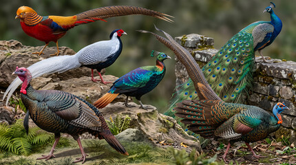 Obraz premium Collage of colorful exotic birds including Golden Pheasant Chrysolophus pictus and Indian Peafowl
