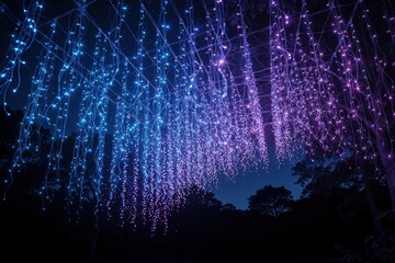 Naklejka premium Night view of hanging LED strings creating magical ambiance with blue and purple light. Lights cascade down against dark sky and trees forming a dreamy curtain.