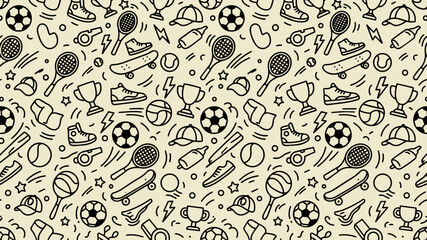 Naklejka premium Seamless Sports Doodle Pattern with Black Hand Drawn Fitness and Active Lifestyle Icons on Beige Background