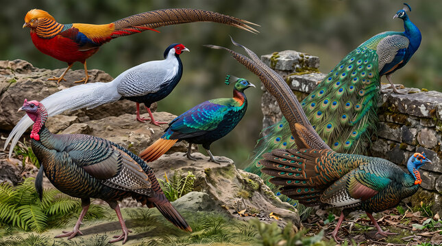 Collage of colorful exotic birds including Golden Pheasant Chrysolophus pictus and Indian Peafowl