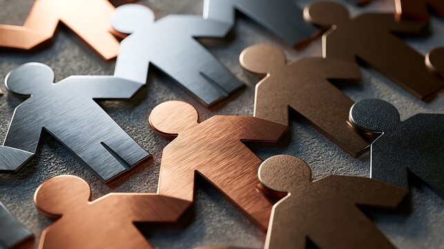 Interlocking metallic and wooden human cutout figures representing diversity unity and collaboration