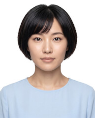 Fototapeta premium Asian woman with short black bob hairstyle in blue top, isolated on a transparent background for inclusive campaigns, professional branding, editorial layouts, website banners, and social media