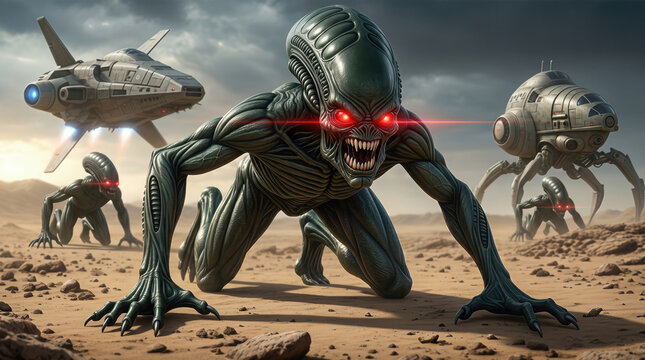 Alien creature crawling on desert planet with spaceships and glowing red eyes