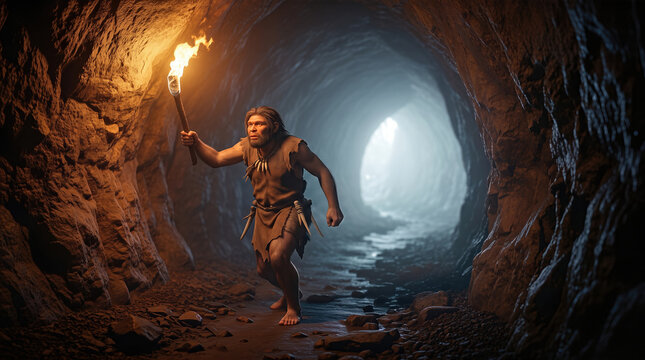 Caveman exploring dark cavern with a burning torch prehistoric human in a stone age cave